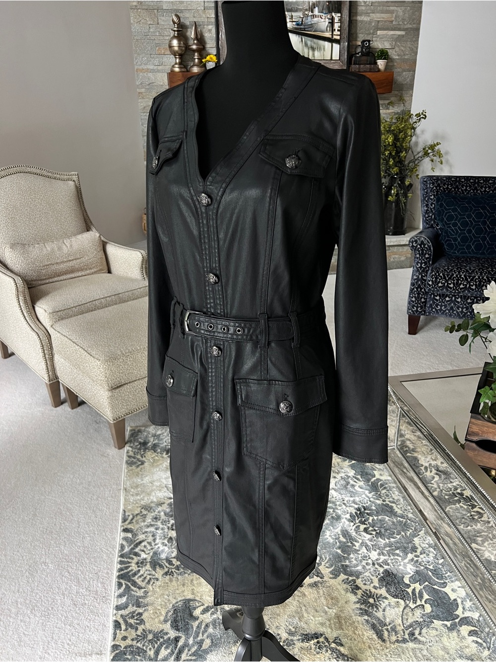 NWT White House Black Market Black Coated Denim Belted Shirt Dress